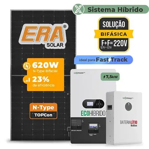 Gerador de Energia Solar Hibrido Luxpower com Bateria Laje Inclinação SGF 9,92KWP ERA BIF 620W ECO HIBRIDO 7.5KW 220V DC48V BAT. LITIO 10,24kWh