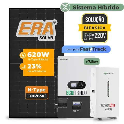 Gerador de Energia Solar Hibrido Luxpower com Bateria Laje Inclinação SGF 8,68KWP ERA BLACK 620W ECO HIBRIDO 7.5KW 220V DC48V BAT. LITIO 14,3kWh