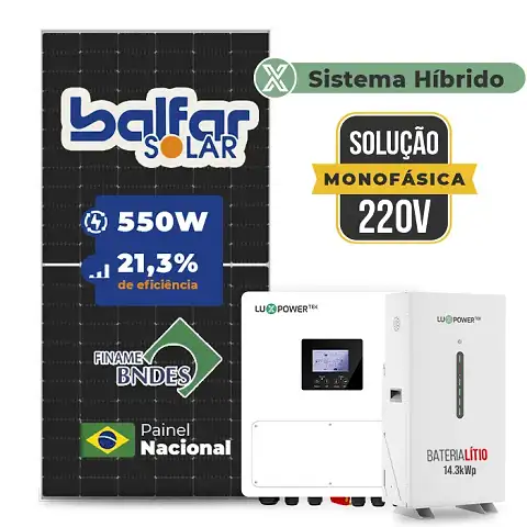 Gerador de Energia Solar Hibrido Luxpower com Bateria Laje Inclinação SGF 8,8KWP FINAME 550W SNA 6KW MONO 220V DC48V BAT. LITIO 14,3kWh