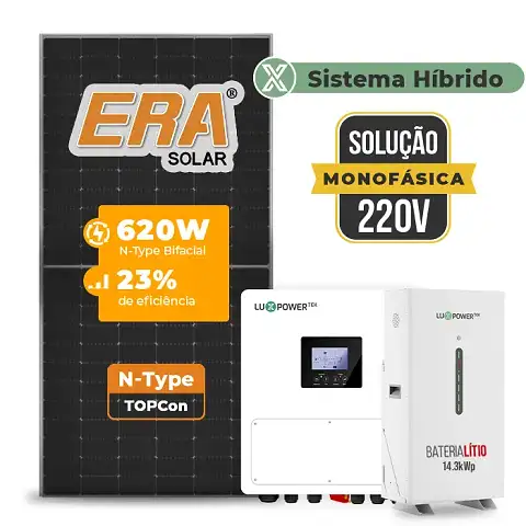 Gerador de Energia Solar Hibrido Luxpower com Bateria Laje Inclinação SGF 8,68KWP ERA BIF 620W SNA 6KW MONO 220V DC48V BAT. LITIO 14,3kWh