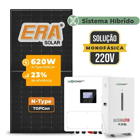 Gerador de Energia Solar Hibrido Luxpower com Bateria Laje Inclinação SGF 9,92KWP ERA BLACK 620W SNA 6KW MONO 220V DC48V BAT. LITIO 14,3kWh