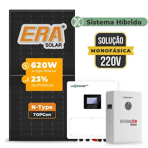 Gerador de Energia Solar Hibrido Luxpower com Bateria Telhado Cerâmico Gancho SGF 9,92KWP ERA BLACK 620W SNA 6KW MONO 220V DC48V BAT. LITIO 5,12kWh