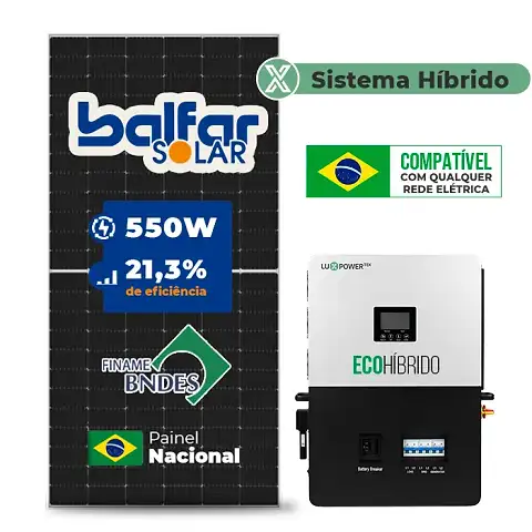 Gerador de Energia Solar Hibrido Luxpower Sem Estrutura SGF 6,6KWP FINAME 550W ECO HIBRIDO 5KW 220V DC48V SEM BATERIA