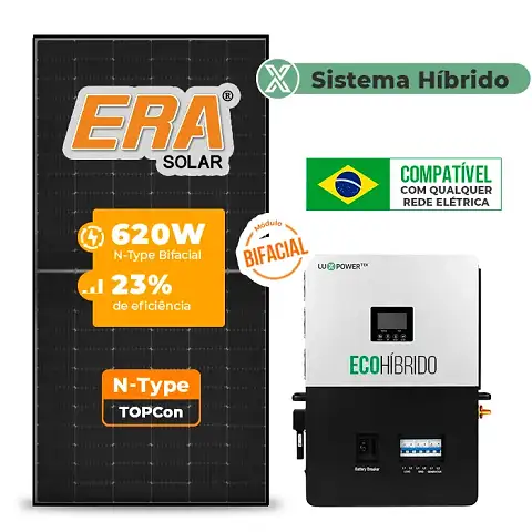 Gerador de Energia Solar Hibrido Luxpower sem Bateria Sem Estrutura SGF 8,68KWP ERA BLACK 620W ECO HIBRIDO 5KW 220V DC48V SEM BATERIA