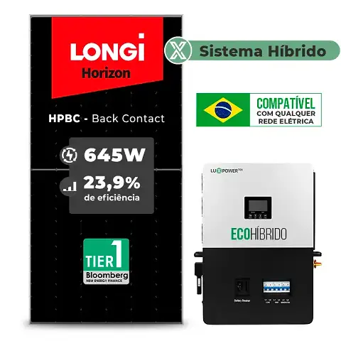 Gerador de Energia Solar Hibrido Luxpower sem Bateria Sem Estrutura SGF 9,03KWP LONGI 645W ECO HIBRIDO 5KW 220V DC48V SEM BATERIA