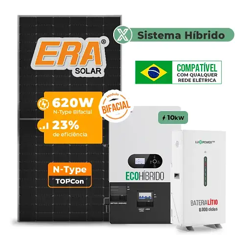 Gerador de Energia Solar Hibrido Luxpower com Bateria Sem Estrutura SGF 12,4KWP ERA BIF 620W ECO HIBRIDO 10KW 220V DC48V BAT. LITIO 14,3kWh