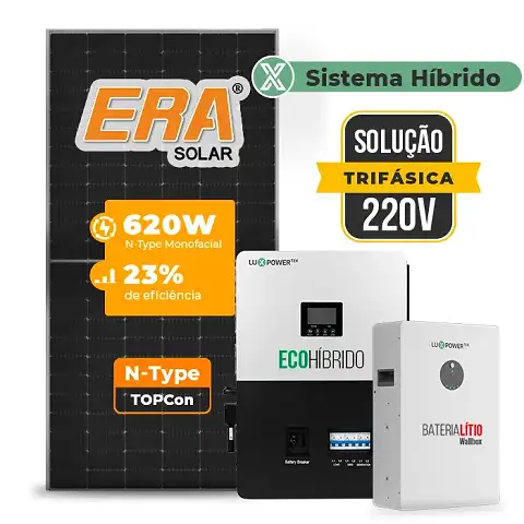 Gerador de Energia Solar Hibrido Luxpower Sem Estrutura SGF 27,28KWP ERA 620W SNA-BR-E 5KW AC TRIF. 220V DC48V BAT. LITIO 20,48kWh