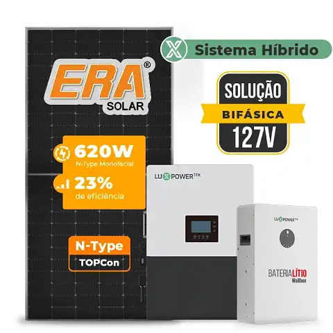 Gerador de Energia Solar Hibrido Luxpower Telhado Metálico Mini Trilho SGF 17,36KWP ERA 620W LXP-LB-BR 10KW AC 127 BIFASICO DC48V BAT. LITIO 15,36kWh