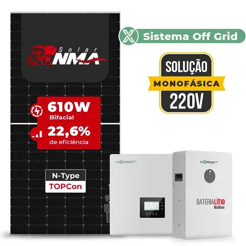 Gerador de Energia Solar Off Grid Interativo Luxpower Sem Estrutura SGF 18,3KWP RONMA 610W GEN-LB-EU 10KW AC 220 MONO DC48V BAT. LITIO 15,36kWh