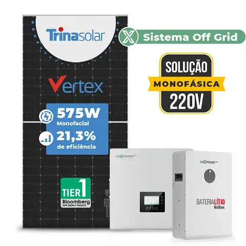Gerador de Energia Solar Off Grid Interativo Luxpower Sem Estrutura SGF 16,1KWP TRINA 575W GEN-LB-EU 10KW AC 220 MONO DC48V BAT. LITIO 15,36kWh