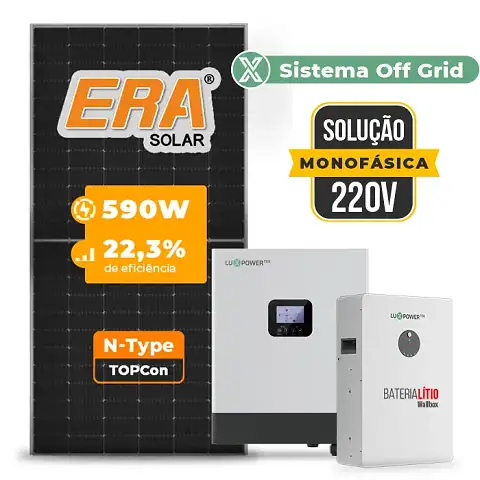 Gerador de Energia Solar Off Grid Interativo Luxpower Sem Estrutura SGF 9,44KWP ERA 590W GEN-LB-EU 5KW AC 220 MONO DC48V BAT. LITIO 5,12kWh