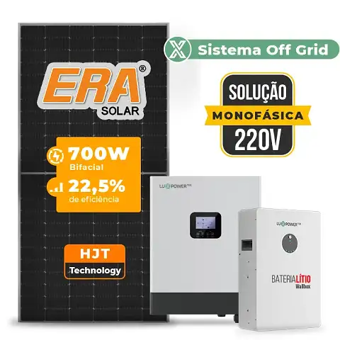 Gerador de Energia Solar Hibrido Luxpower Telhado Fibro Parafuso Madeira SGF 8,4KWP ERA 700W GEN-LB-EU 5KW AC 220 MONO DC48V BAT. LITIO 5,12kWh
