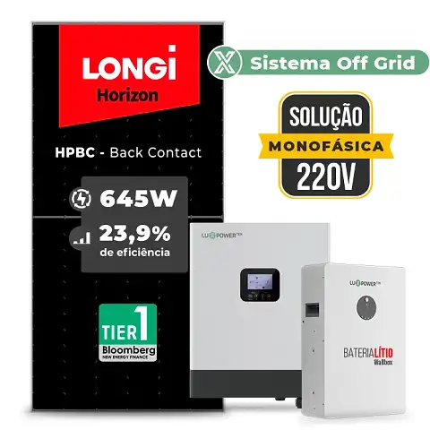 Gerador de Energia Solar Hibrido Luxpower Telhado Fibro Parafuso Metal SGF 7,74KWP LONGI 645W HPBC GEN-LB-EU 5KW AC 220 MONO DC48V