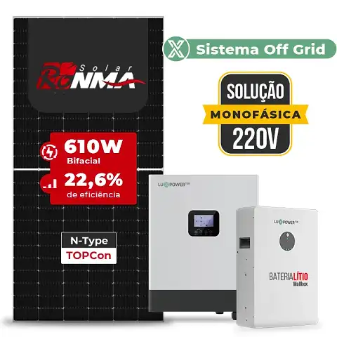 Gerador de Energia Solar Off Grid Interativo Luxpower Sem Estrutura SGF 9,76KWP RONMA 610W GEN-LB-EU 5KW AC 220 MONO DC48V BAT. LITIO 5,12kWh
