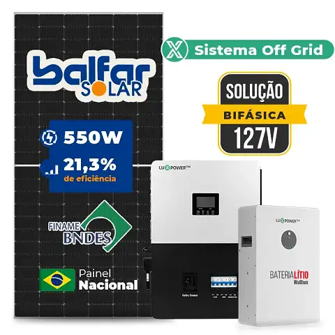 Gerador de Energia Solar Off Grid Interativo Luxpower Laje Inclinação SGF 6,6KWP FINAME 550W SNA-BR 5KW AC 127 BIFASICO DC48V BAT. LITIO 5,12kWh