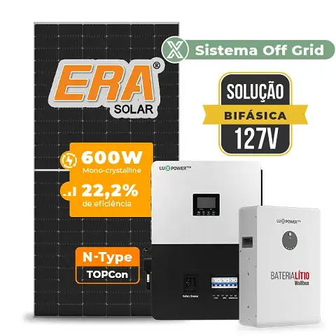 Gerador de Energia Solar Off Grid Interativo Luxpower Laje Inclinação SGF 8,4KWP ERA 600W SNA-BR 5KW AC 127 BIFASICO DC48V BAT. LITIO 5,12kWh