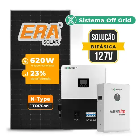 Gerador de Energia Solar Retrofit Luxpower Sem Estrutura SGF 1,24KWP ERA 620W SNA-BR 5KW AC 127 BIFASICO DC48V BAT. LITIO 5,12kWh