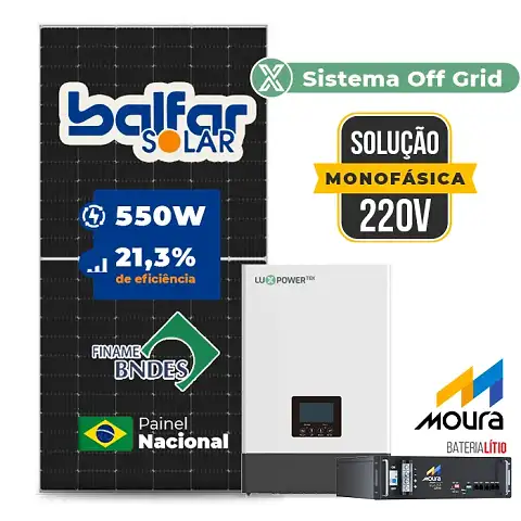 Gerador de Energia Solar Off Grid Interativo Luxpower Telhado Fibro Parafuso Madeira SGF 7,7KWP FINAME 550W WPV 5KW AC 220 MONO DC48V BAT. LITIO 4,8kWh