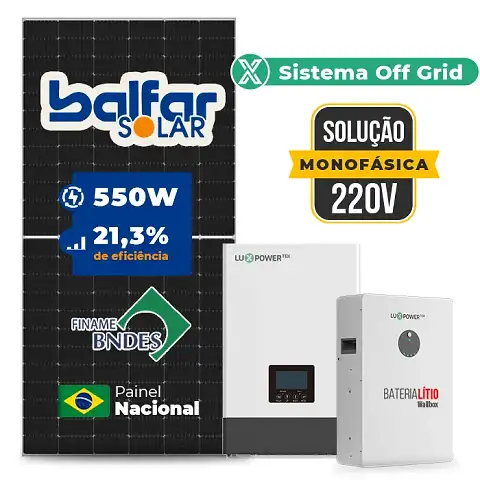 Gerador de Energia Solar Off Grid Interativo Luxpower Laje Inclinação SGF 7,7KWP FINAME 550W WPV 5KW AC 220 MONO DC48V BAT. LITIO 5,12kWh