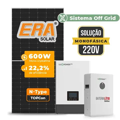 Gerador de Energia Solar Off Grid Interativo Luxpower Solo Mesa 8 Painéis SGF 9,6KWP ERA 600W WPV 5KW AC 220 MONO DC48V BAT. LITIO 5,12kWh