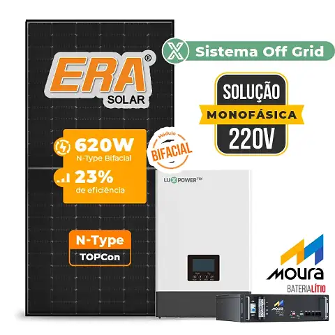 Gerador de Energia Solar Off Grid Interativo Luxpower Telhado Cerâmico Gancho SGF 8,68KWP ERA BLACK 620W WPV 5KW AC 220 MONO DC48V BAT. LITIO 4,8kWh