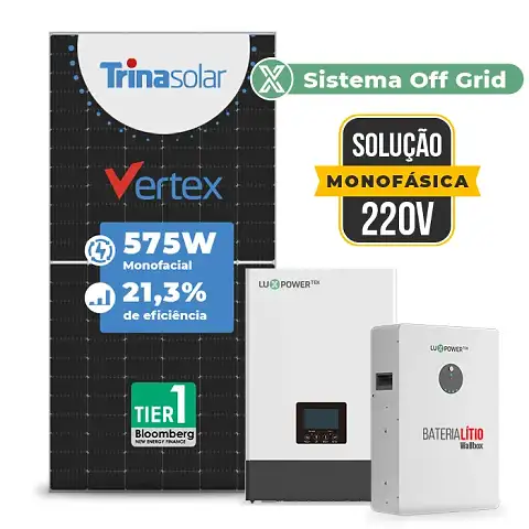 Gerador de Energia Solar Off Grid Interativo Luxpower Laje Inclinação SGF 8,05KWP TRINA 575W WPV 5KW AC 220 MONO DC48V BAT. LITIO 5,12kWh