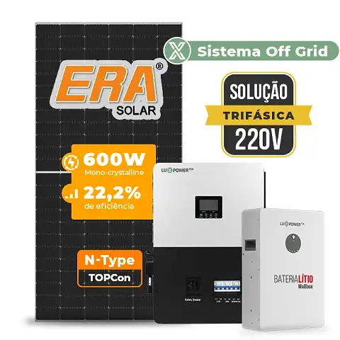 Gerador de Energia Solar Off Grid Interativo Luxpower Telhado Metálico Mini Trilho SGF 26,4KWP ERA 600W SNA-BR 5KW AC TRIF. 220V DC48V BAT. LITIO 20,48kWh