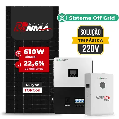 Gerador de Energia Solar Retrofit Luxpower Sem Estrutura SGF 3,66KWP RONMA 610W SNA-BR 5KW AC TRIF. 220V DC48V BAT. LITIO 20,48kWh