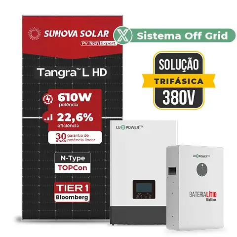 Gerador de Energia Solar Off Grid Interativo Luxpower Telhado Fibro Parafuso Madeira SGF 26,84KWP SUNOVA 610W WPV 5KW AC TRIF. 380V DC48V BAT. LITIO 20,48kWh