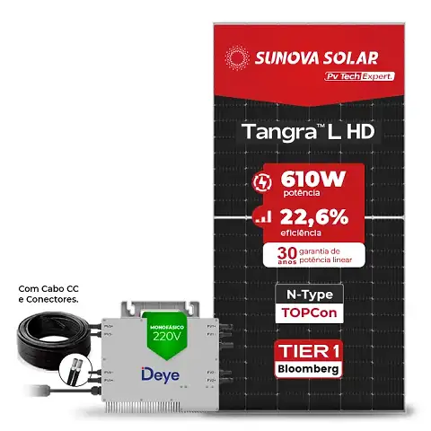 Gerador de Energia Solar Microinversor DEYE Sem Estrutura SGF 14,64KWP SUNOVA N-TYPE MONO 610W SUN 2.25KW 4MPPT MONO 220V COM CABO 