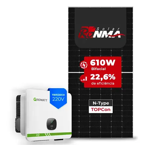 Gerador de Energia Solar On Grid Growatt Telhado Fibro Parafuso Metal SGF 24,40KWP RONMA 610W BIFACIAL MID XL2 20KW 4MPPT TRIF 220V