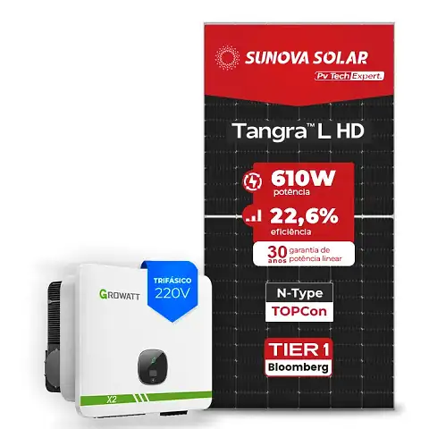 Gerador de Energia Solar On Grid Growatt Solo Mesa 8 Painéis SGF 15,86KWP SUNOVA N-TYPE MONO 610W MID XL2 15KW 4MPPT TRIF 220V