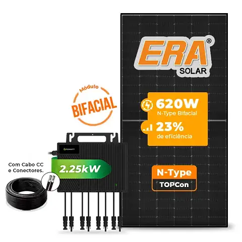 Gerador de Energia Solar Microinversor Growatt Telhado Metálico Mini Trilho SGF 7,44KWP ERA BLACK FRAME 620W NEO 2.25KW 4MPPT MONO 220V COM CABO