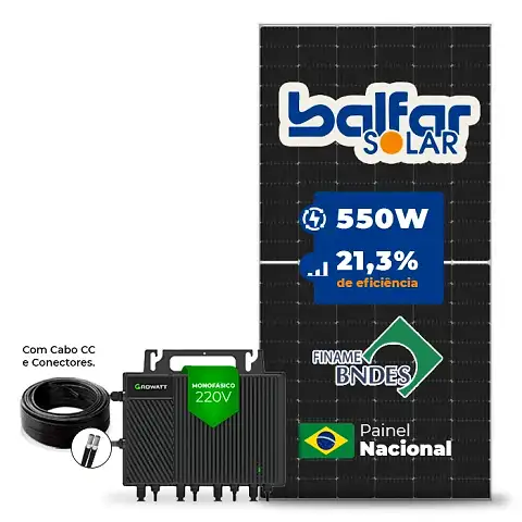 Gerador de Energia Solar Microinversor Growatt Telhado Fibro Parafuso Metal SGF 6,6KWP BALFAR FINAME 550W NEO 2KW 4MPPT MONO 220V COM CABO