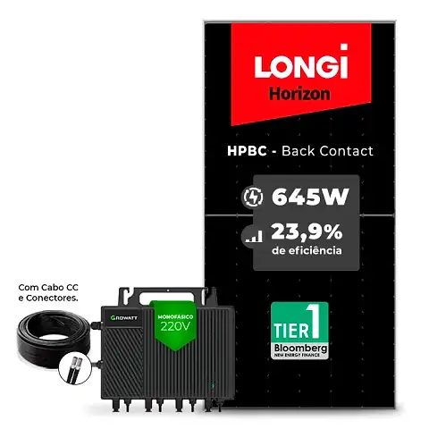 Gerador de Energia Solar Microinversor Growatt Sem Estrutura SGF 2,58KWP LONGI 645W HPBC NEO 2KW 4MPPT MONO 220V COM CABO