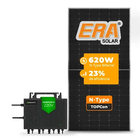 Gerador de Energia Solar Microinversor Growatt Telhado Fibro Parafuso Madeira SGF 2,48KWP ERA N-TYPE MONO 620W NEO 2KW 4MPPT MONO 220V