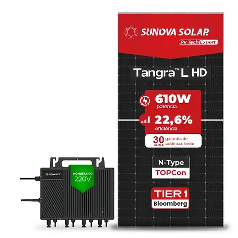Gerador de Energia Solar Microinversor Growatt Telhado Fibro Parafuso Madeira SGF 9,76KWP SUNOVA N-TYPE MONO 610W NEO 2KW 4MPPT MONO 220V 