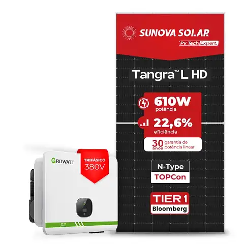 Gerador de Energia Solar On Grid Growatt Solo Mesa 8 Painéis SGF 29,28KWP SUNOVA N-TYPE MONO 610W MID X2 20KW 2MPPT TRIF 380V