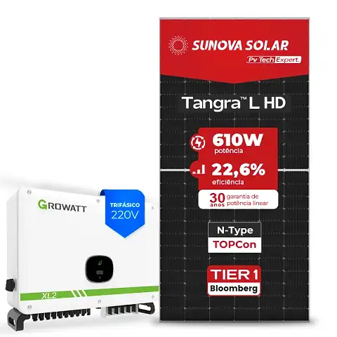 Gerador de Energia Solar On Grid Growatt Solo Mesa 8 Painéis SGF 34,16KWP SUNOVA N-TYPE MONO 610W MAC XL2 30KW 3MPPT TRIF 220V