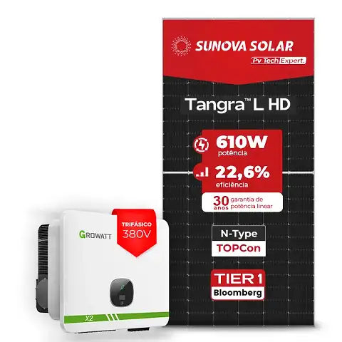 Gerador de Energia Solar On Grid Growatt Telhado Ondulado SGF 80,52KWP SUNOVA N-TYPE MONO 610W MAX 75KW 7MPPT TRIF 380V