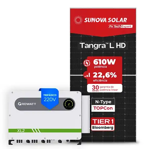 Gerador de Energia Solar On Grid Growatt Telhado Fibro Parafuso Metal SGF 87,84KWP SUNOVA N-TYPE MONO 610W MAX XL2 75KW 8MPPT TRIF 220V