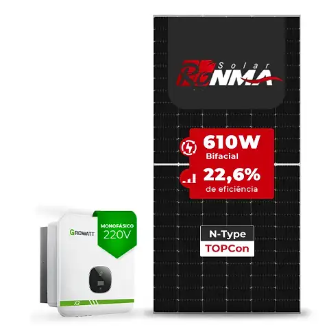 Gerador de Energia Solar On Grid Growatt Sem Estrutura SGF 9,76KWP RONMA 610W BIFACIAL MIN X2 8KW 3MPPT MONO 220V