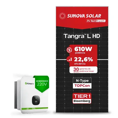 Gerador de Energia Solar On Grid Growatt Telhado Metálico Mini Trilho SGF 13,42KWP SUNOVA N-TYPE MONO 610W MIN X2 10KW 3MPPT MONO 220V