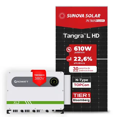 Gerador de Energia Solar On Grid Growatt Telhado Fibro Parafuso Madeira SGF 561,20KWP SUNOVA N-TYPE MONO 610W MAX 75KW 7MPPT TRIF 380V