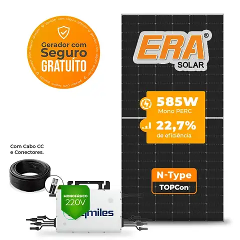 Gerador de Energia Solar On Grid Hoymiles Telhado Fibro Parafuso Madeira SGF 7,02KWP ERA N-TYPE MONO 585W HMS-DW 2KW 2MPPT MONO 220V COM CABO 