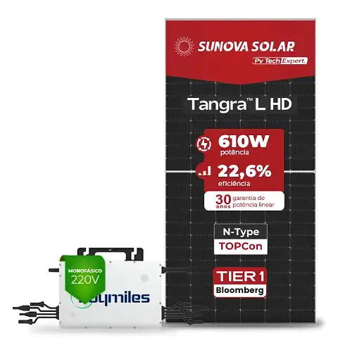 Gerador de Energia Solar On Grid Hoymiles Telhado Fibro Parafuso Metal SGF 6,10KWP SUNOVA N-TYPE MONO 610W HMS-DW 2KW 2MPPT MONO 220V