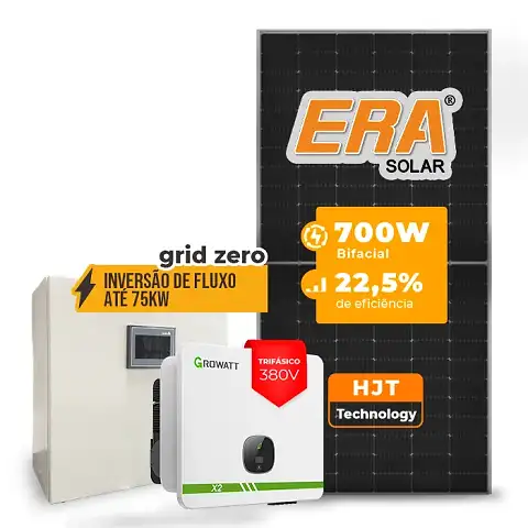 Gerador de Energia Solar Inversão de Fluxo Growatt Sem Estrutura SGF 61,60KWP ERA HJT BIFACIAL 700W MID X2 50KW 4MPPT TRIF 380V