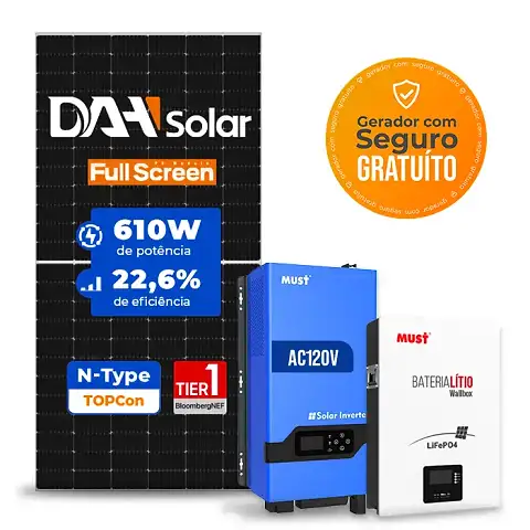 Gerador de Energia Solar Off Grid Interativo Must Telhado Metálico Perfil 55cm Mini SGF 3,66KWP DAH SOLAR 610W LVHM 3KW AC120V DC48V