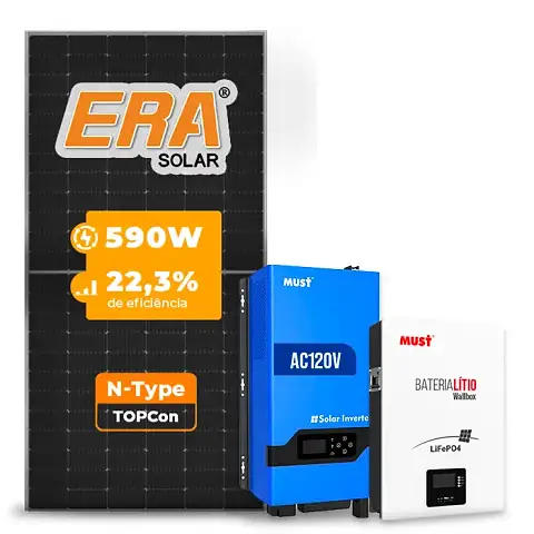 Gerador de Energia Solar Off Grid Interativo Must Telhado Cerâmico Gancho SGF 4,72KWP ERA 590W PV29 LHP 5KW AC120V DC48V BAT. LITIO 5.12KWH 100A