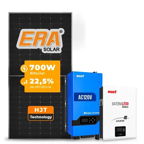 Gerador de Energia Solar Off Grid Interativo Must Telhado Fibro Parafuso Madeira SGF 5,6KWP ERA 700W PV29 LHP 5KW AC120V DC48V BAT. LITIO 5.12KWH 100A